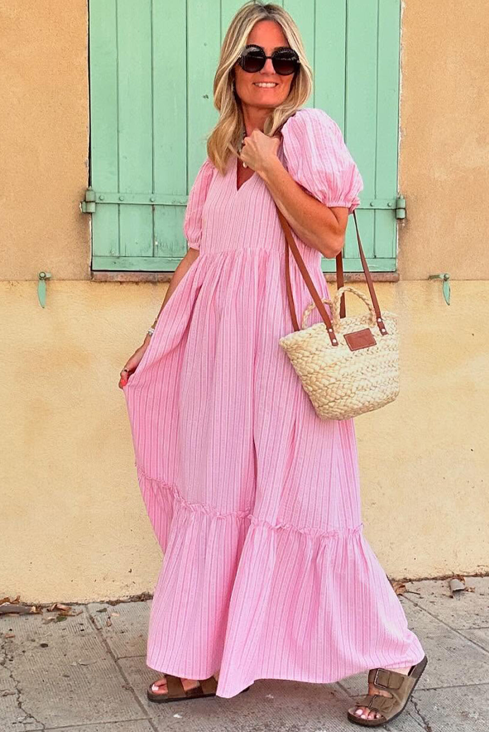 Pink Striped V Neck Puff Sleeve Frill Tiered Maxi Dress Maxi Dresses 152792eda31f3fb3