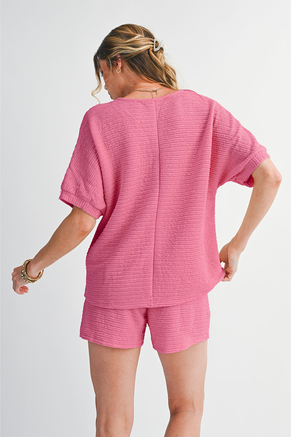 Pink Textured Tee & Shorts Set Two Piece Shorts Sets 201d5c7361307185
