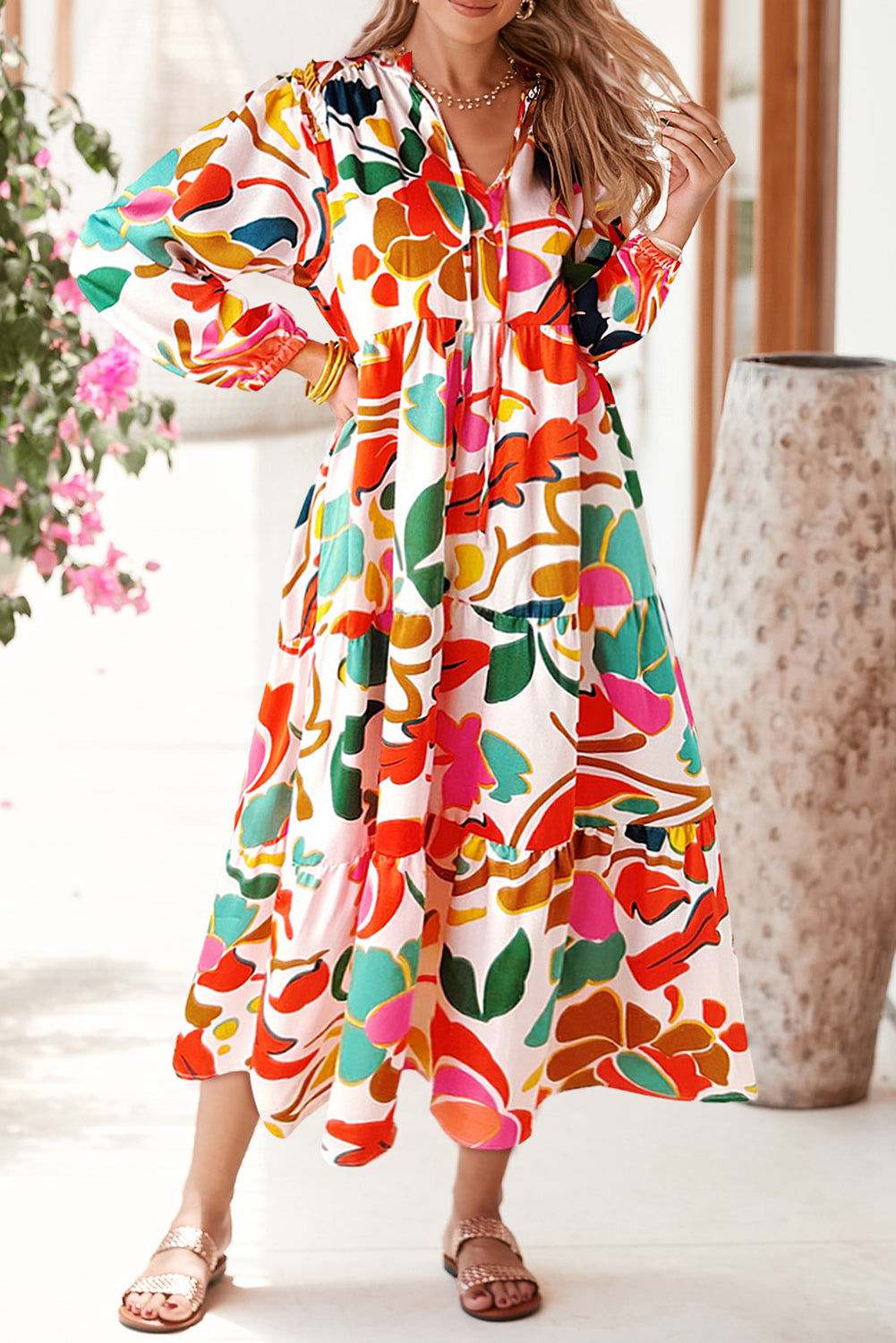 Orange Abstract Tie V Neck Tiered Maxi Dress Maxi Dresses 21e614d6700de945