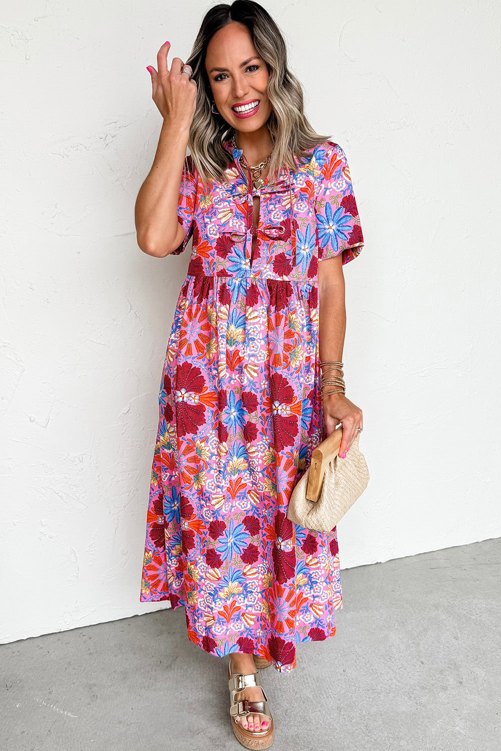 Rose Floral Print Tie Front High Waist Loose Midi Dress Midi Dresses 3ee18470494c669a