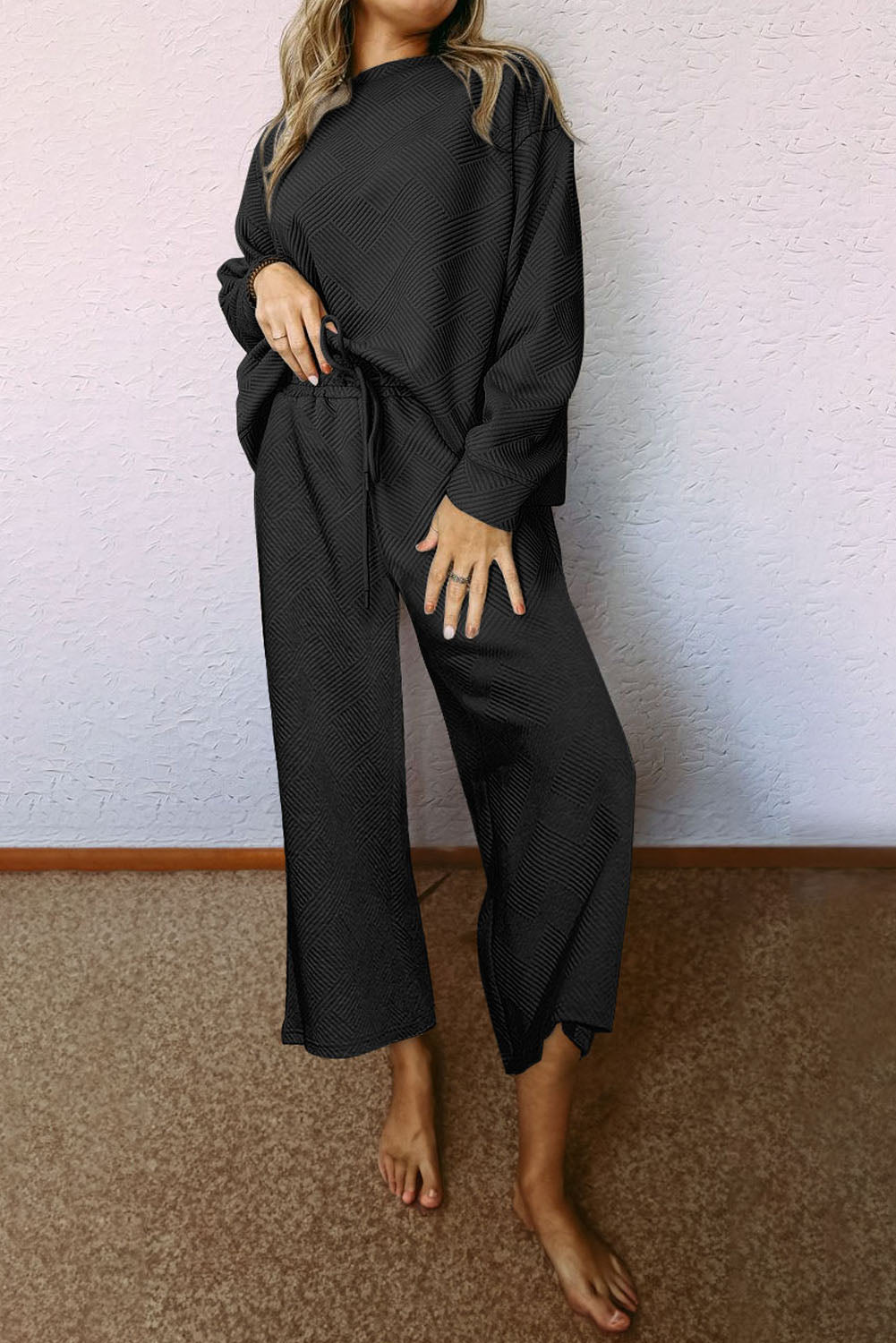 Navy Blue Textured Loose Slouchy Long Sleeve Top and Pants Set Two Piece Pants Sets 44320d0347c6ef0a