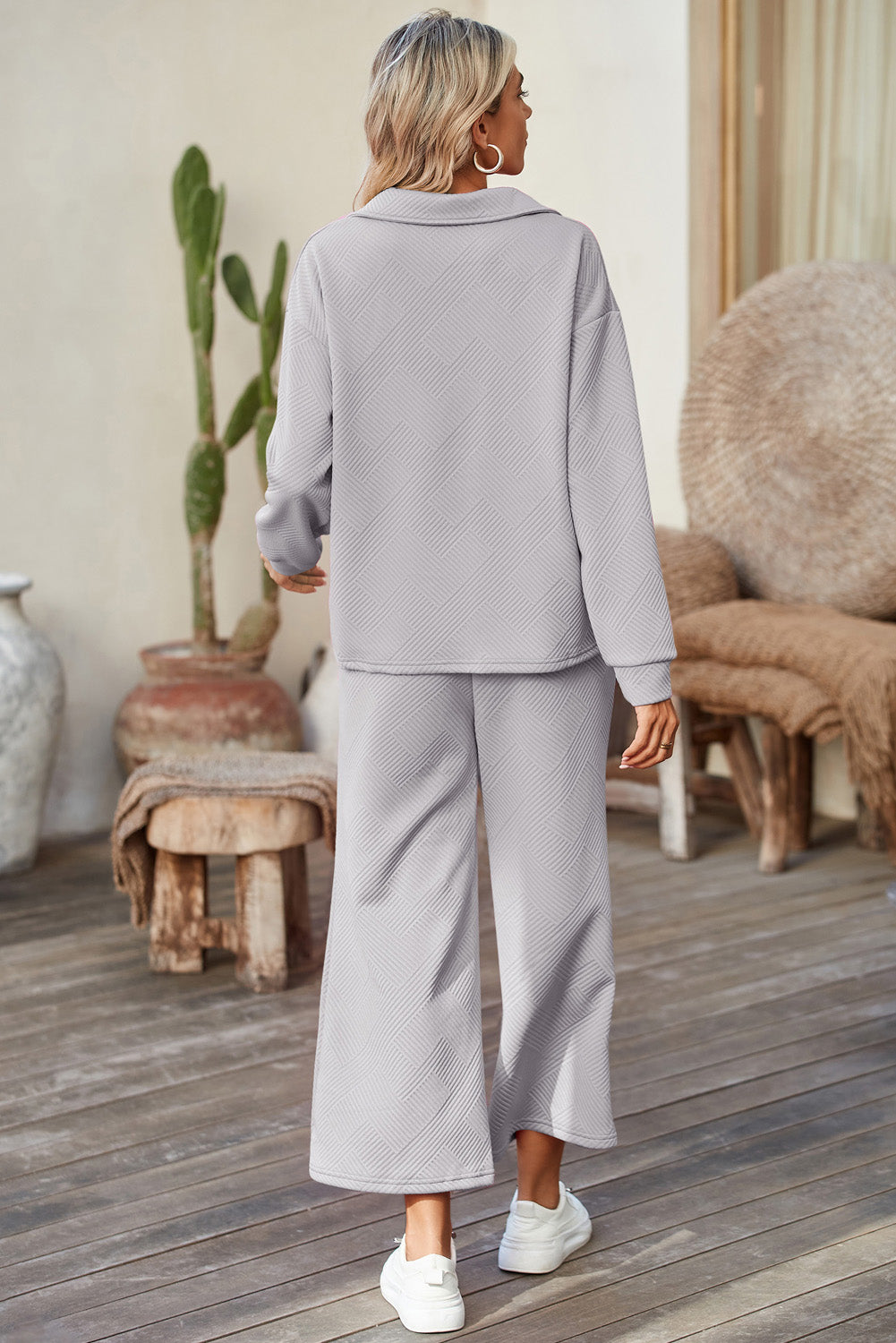 Light Grey Solid Textured Collared V Neck Top and Wide Leg Pants Set Two Piece Pants Sets 45481e8188b5edca