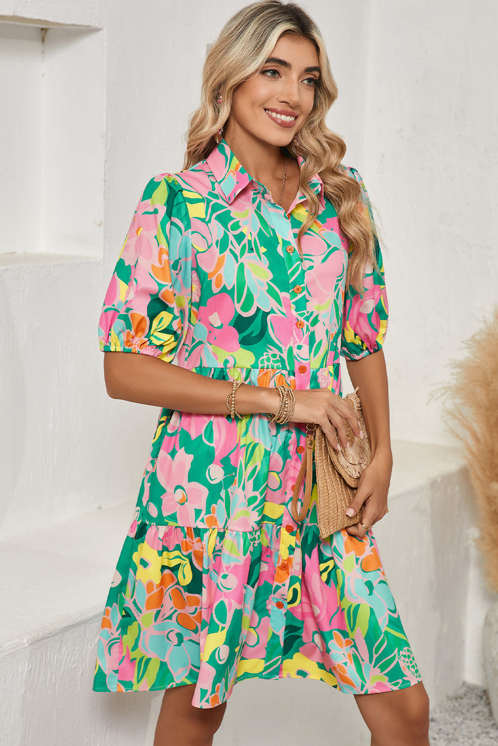 Green Floral Puff Sleeve Buttoned Babydoll Dress Short Dresses 464b46e83737a2b8