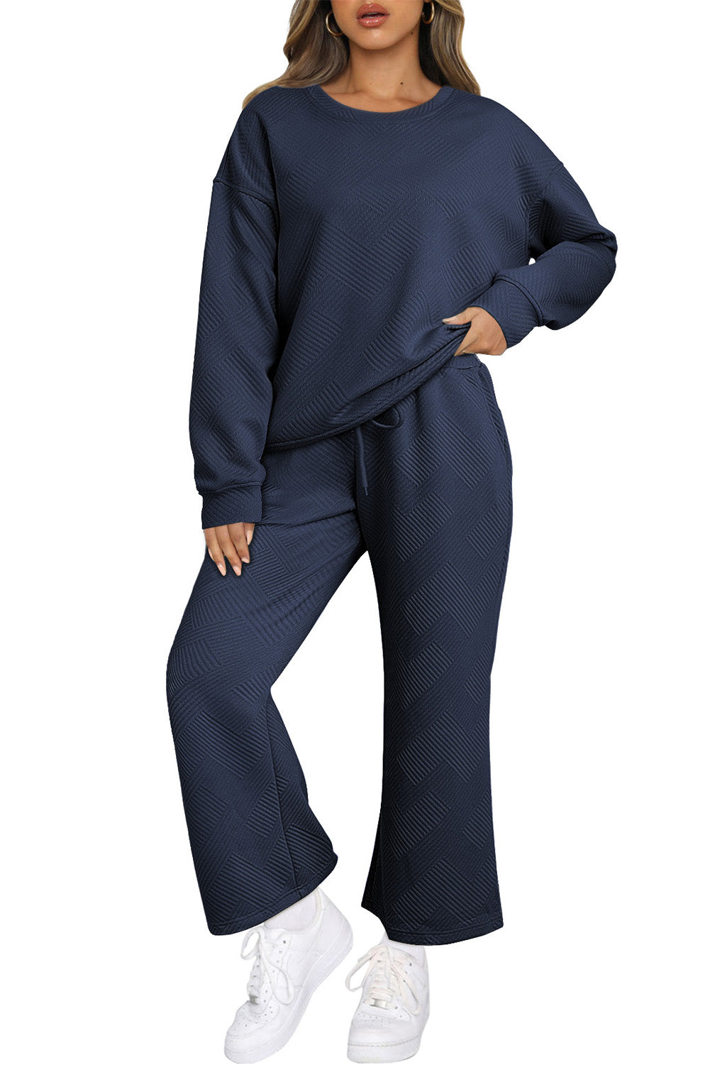 Navy Blue Textured Loose Slouchy Long Sleeve Top and Pants Set Two Piece Pants Sets 58790c1d5496a02b