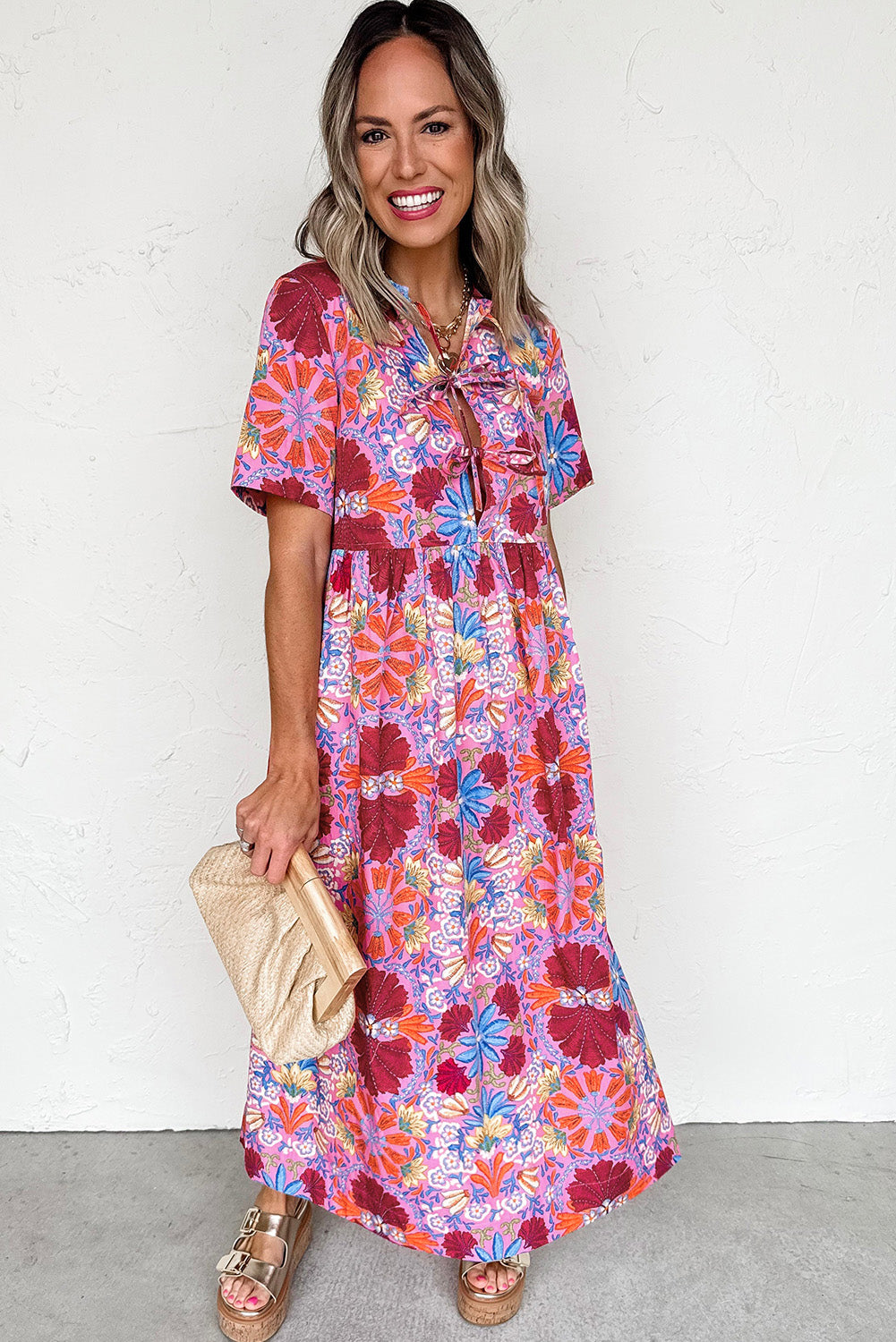 Rose Floral Print Tie Front High Waist Loose Midi Dress Midi Dresses 5fea03adc5305e46