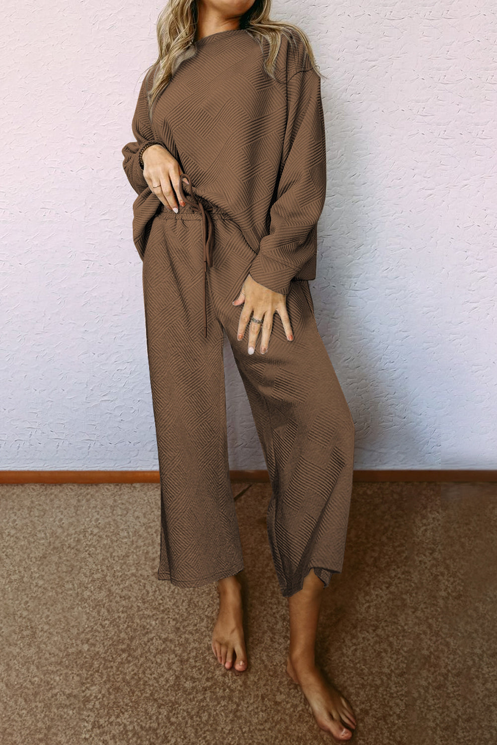 Navy Blue Textured Loose Slouchy Long Sleeve Top and Pants Set Two Piece Pants Sets 6f0c59fa32f9e4a7