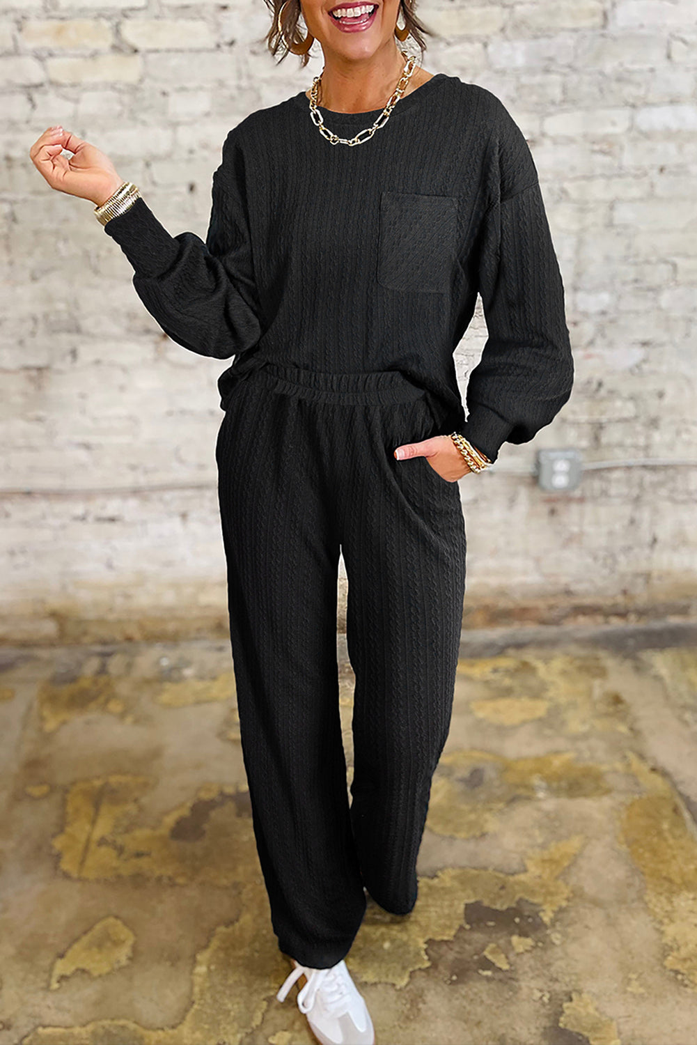 Black Textured Chest Pocket Drop Sleeve Top and Pants Set Two Piece Pants Sets 7f3b8f0307ebe6b8