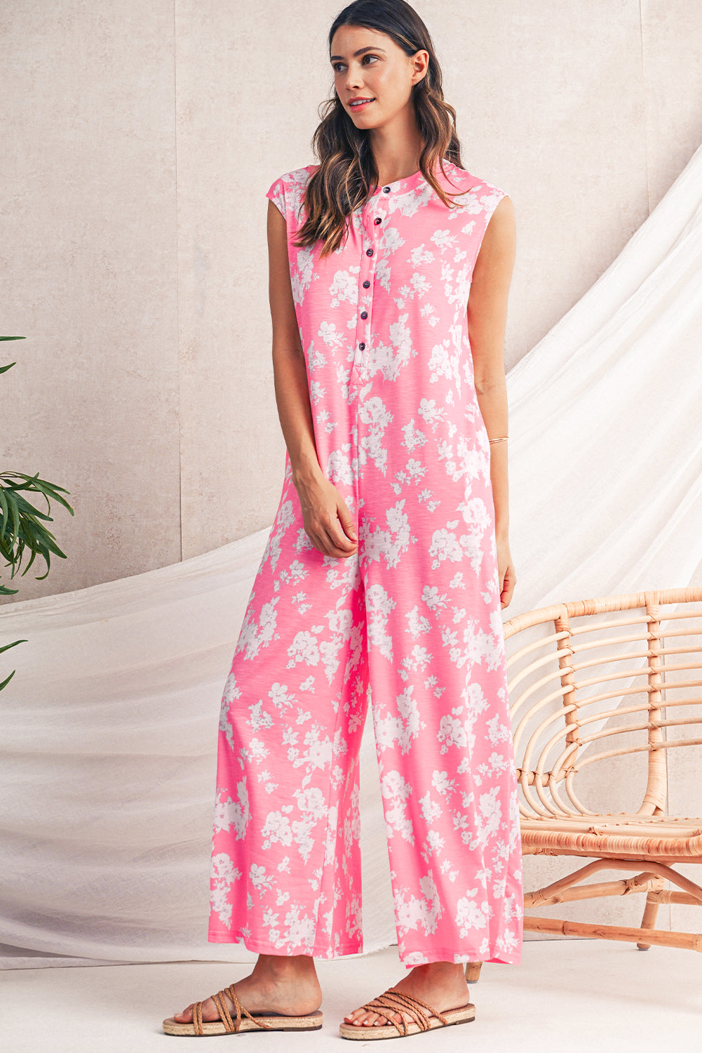 Pink Floral Print Sleeveless Wide Leg Jumpsuit Jumpsuits 809b8a3c16219ee7