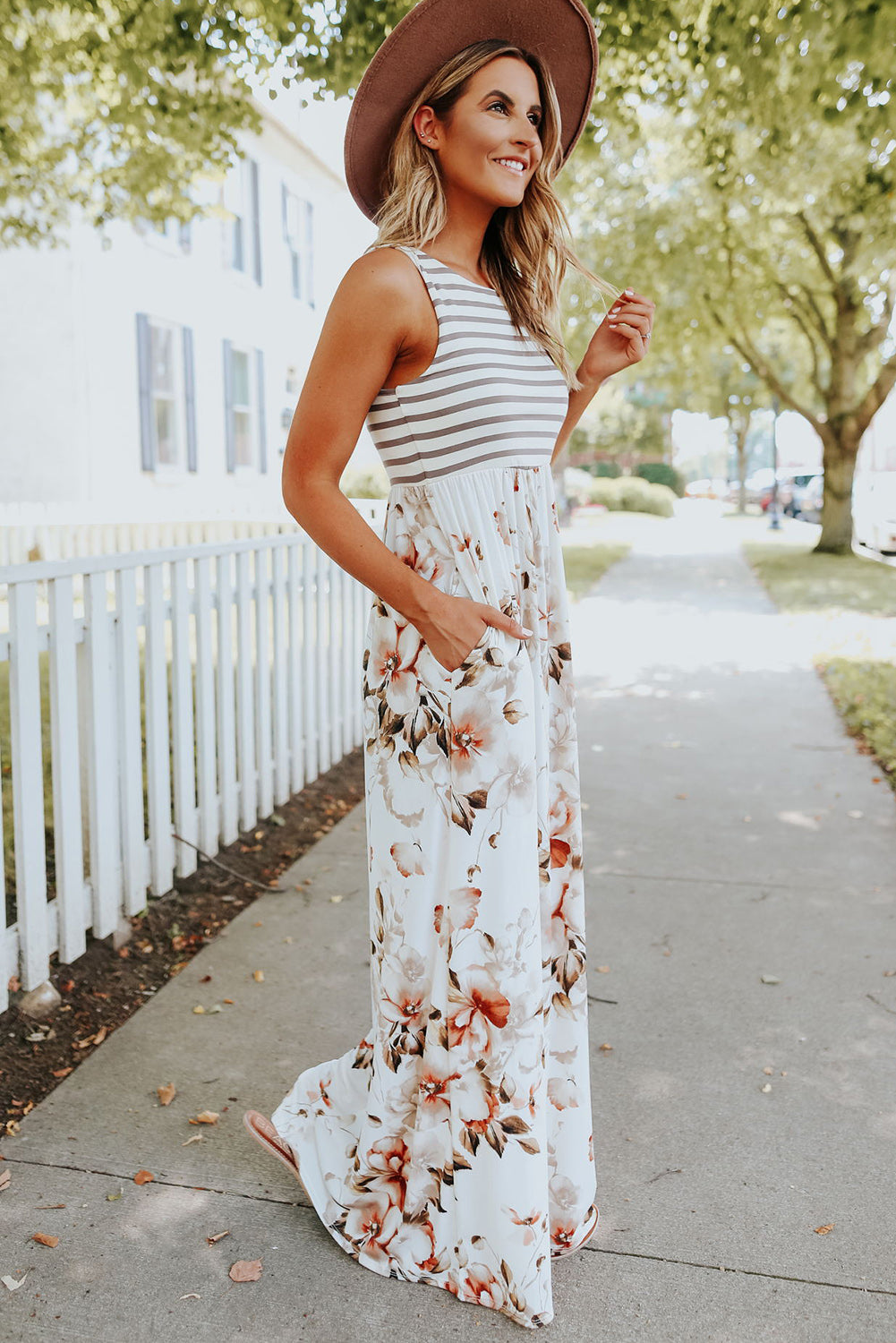 White Boho Stripes & Floral Tank Dress Maxi Dresses 81a3d477144b275a