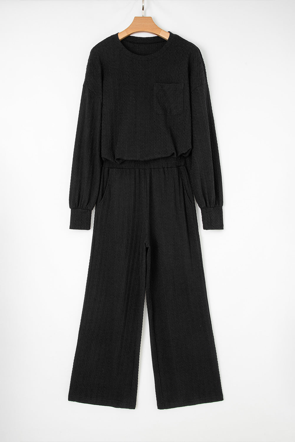 Black Textured Chest Pocket Drop Sleeve Top and Pants Set Two Piece Pants Sets 8424d33ac855cf25