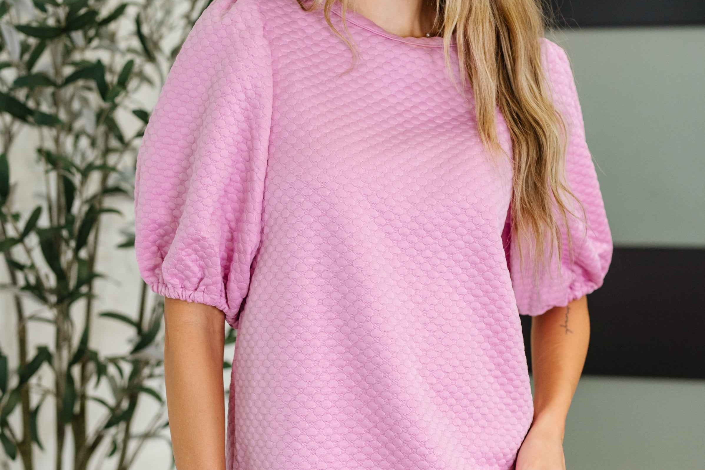 Textured Balloon Sleeve Blouse in Pink