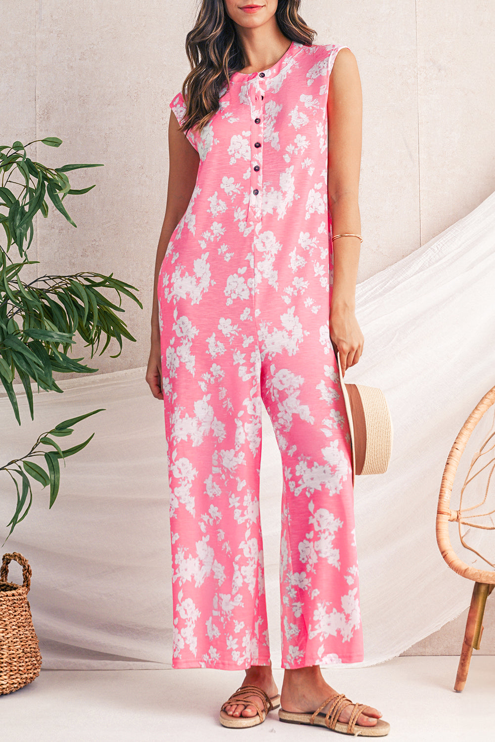 Pink Floral Print Sleeveless Wide Leg Jumpsuit Jumpsuits a31a01f345f234a7