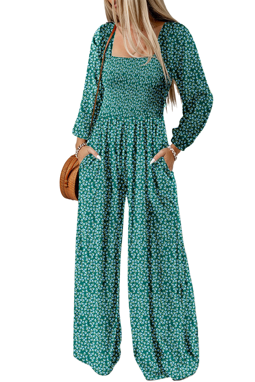 Green Floral Print Shirred Bodice Square Neck Wide Leg Jumpsuit Jumpsuits c3e1a1396bf0bcae