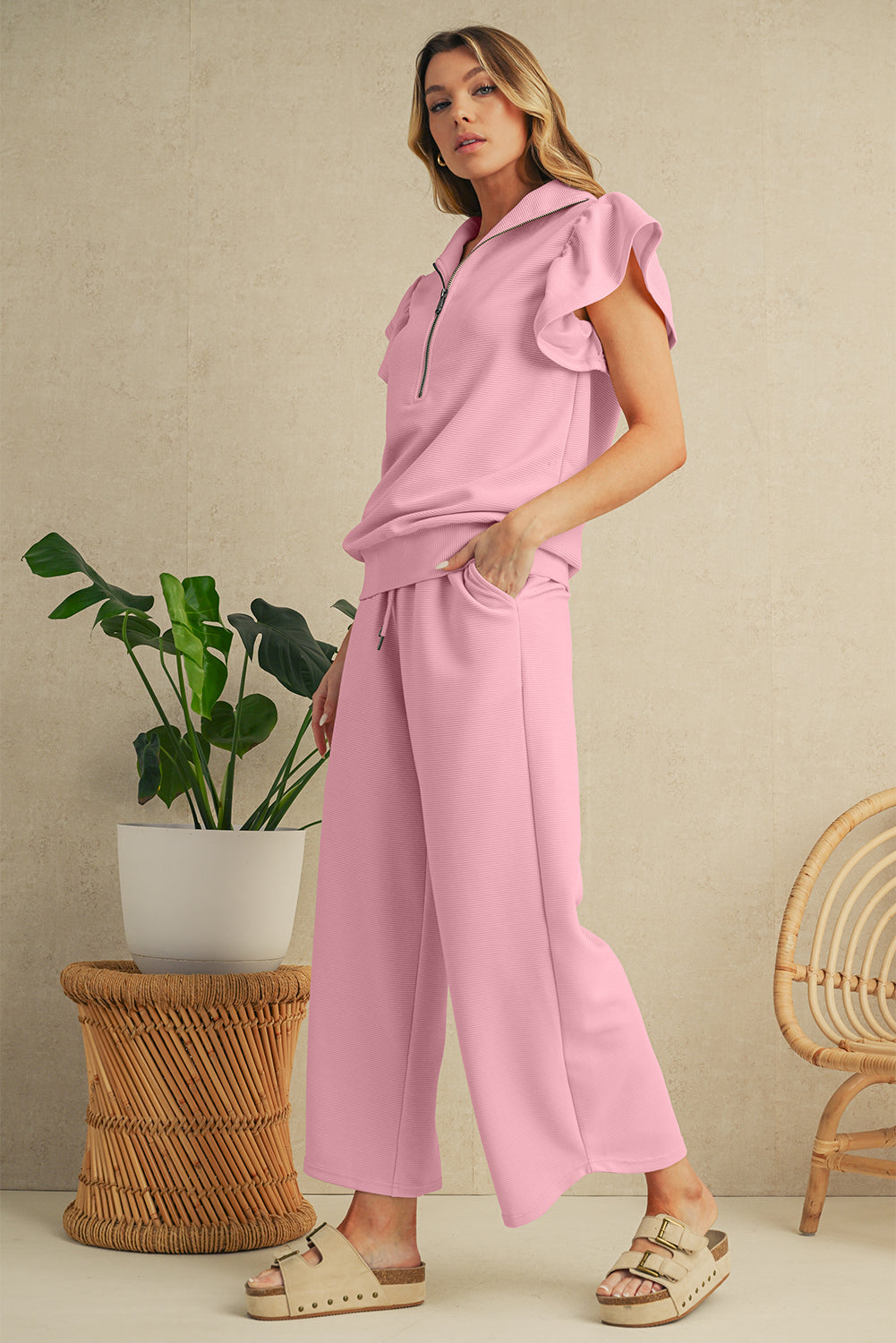 Beau Blue Textured Ruffle Sleeve Zipped Top and Wide Leg Pants Set Two Piece Pants Sets d97aa00d26e0eb0b