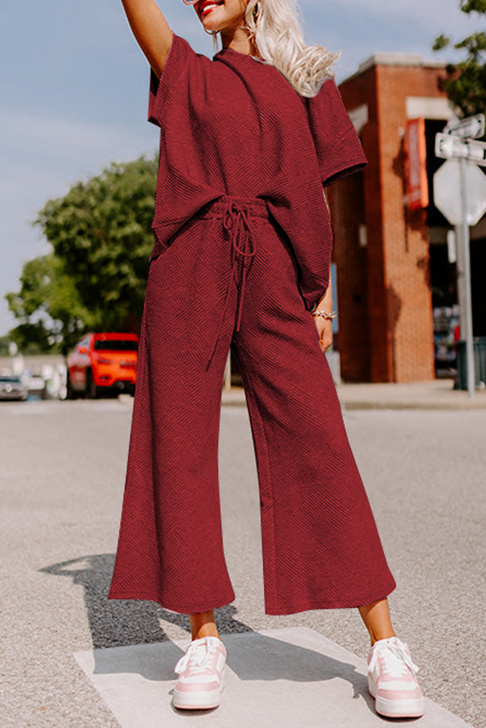 Red Dahlia Textured Loose Fit T Shirt & Drawstring Pants Set Two Piece Pants Sets ee810ae81b64205a