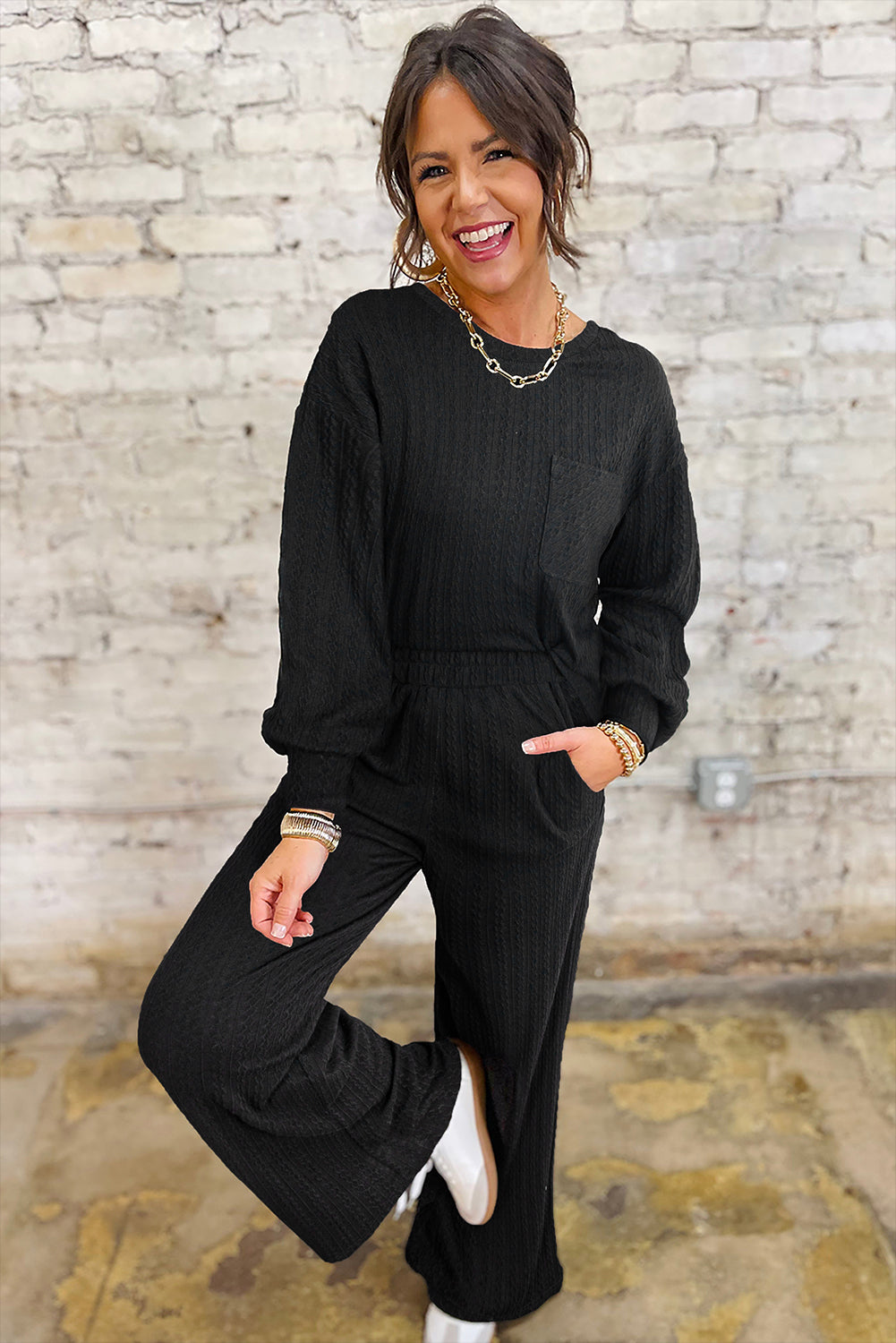 Black Textured Chest Pocket Drop Sleeve Top and Pants Set Two Piece Pants Sets fa9db3255f52e2ff