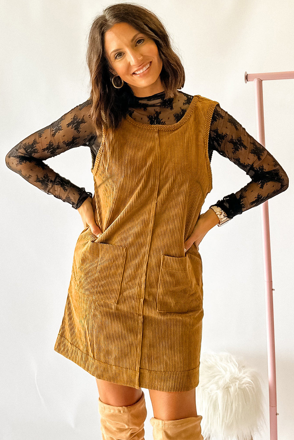 Beige Corduroy Mini Dress Short Dresses ff8c24fdd4b5d14e