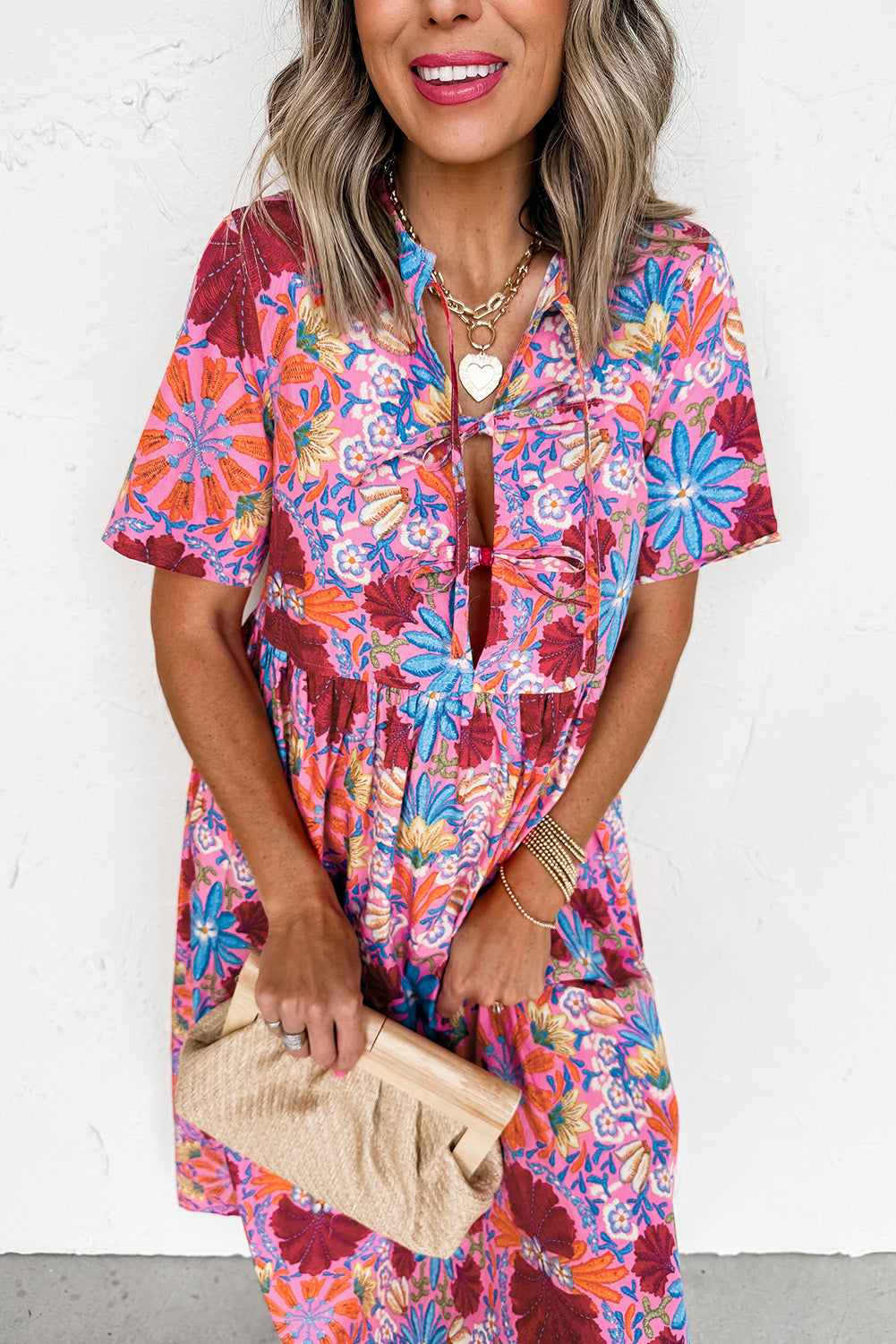 Rose Floral Print Tie Front High Waist Loose Midi Dress Midi Dresses 005aad593bc8be77