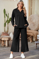 Light Grey Solid Textured Collared V Neck Top and Wide Leg Pants Set Two Piece Pants Sets 00aa0641ed12a603