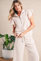 Beau Blue Textured Ruffle Sleeve Zipped Top and Wide Leg Pants Set Two Piece Pants Sets 00db59eaf1a5d80a