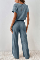 Black Ribbed Keyhole Short Sleeve Wide Leg Jumpsuit Jumpsuits 041c2f5c2aa464a8