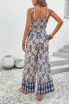 Blue Boho Geometric Print Smocked High Waist Wide Leg Jumpsuit Jumpsuits 068666c18318ca5e