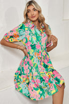 Green Floral Puff Sleeve Buttoned Babydoll Dress Short Dresses 0e171127daa932b7