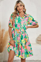 Green Floral Puff Sleeve Buttoned Babydoll Dress Short Dresses 119618283072a0fc