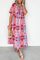 Rose Floral Print Tie Front High Waist Loose Midi Dress Midi Dresses 1487bf9973c28670