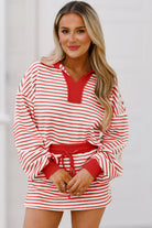 Red Stripe Collared V Neck Drop Shoulder Pullover and Skirt Set Two Piece Skirt Sets 173a6570836f59b7