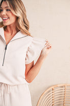 Beau Blue Textured Ruffle Sleeve Zipped Top and Wide Leg Pants Set Two Piece Pants Sets 18e5d59956af9582