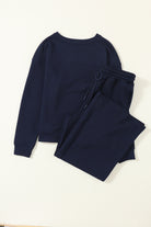 Navy Blue Textured Loose Slouchy Long Sleeve Top and Pants Set Two Piece Pants Sets 1ed00a7c94b425c4