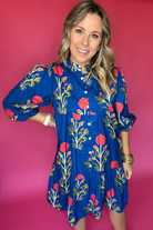 Blue Floral Print Button Front 3/4 Puff Sleeve Ruffle Hem Dress Short Dresses 23e695f75fdaebf4