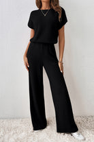 Black Ribbed Keyhole Short Sleeve Wide Leg Jumpsuit Jumpsuits 245ba53eb8223155