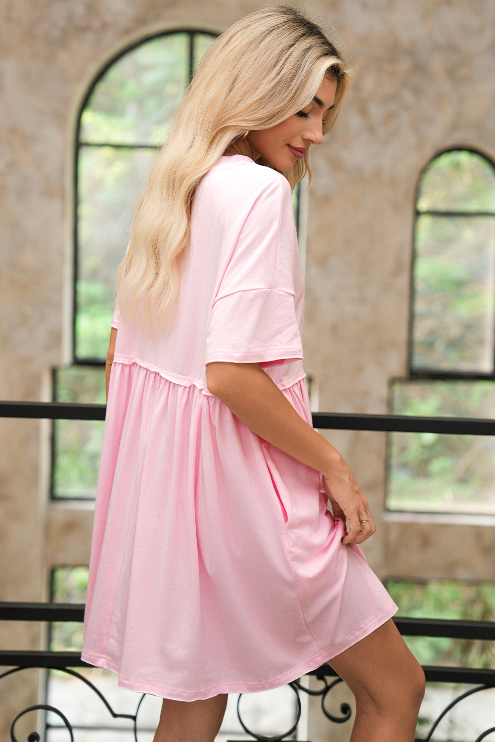 Light Pink Solid Color Pocket Raw Edge Babydoll Dress Short Dresses 26863c90724ad181