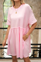Light Pink Solid Color Pocket Raw Edge Babydoll Dress Short Dresses 2e1446829d8132ba