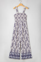 Blue Boho Geometric Print Smocked High Waist Wide Leg Jumpsuit Jumpsuits 2f21e10046829e0d
