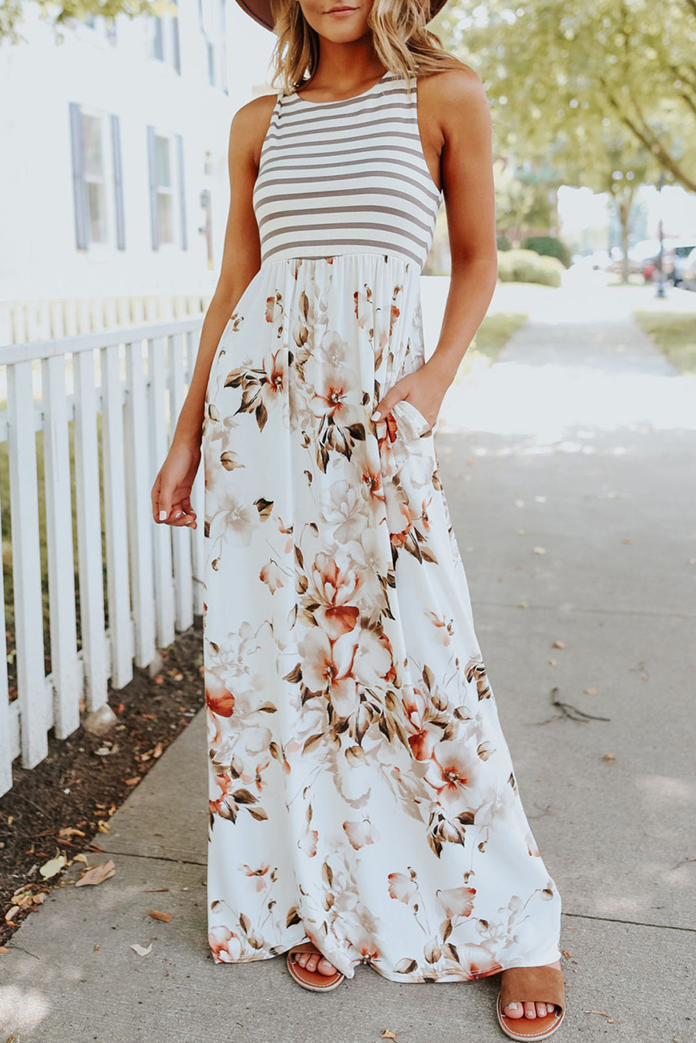 White Boho Stripes & Floral Tank Dress Maxi Dresses 349815c49c75170e