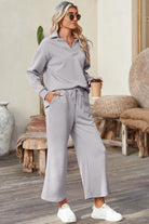 Light Grey Solid Textured Collared V Neck Top and Wide Leg Pants Set Two Piece Pants Sets 34c78dbe6ab3938c