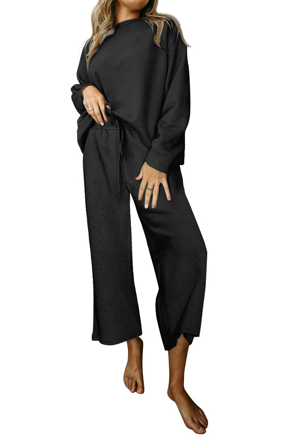 Navy Blue Textured Loose Slouchy Long Sleeve Top and Pants Set Two Piece Pants Sets 389251270fb6ebe9