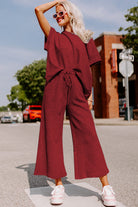 Red Dahlia Textured Loose Fit T Shirt & Drawstring Pants Set Two Piece Pants Sets 45102d88512e08ce