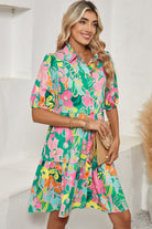 Green Floral Puff Sleeve Buttoned Babydoll Dress Short Dresses 464b46e83737a2b8