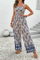 Blue Boho Geometric Print Smocked High Waist Wide Leg Jumpsuit Jumpsuits 4af2ee4e5fe8d22b