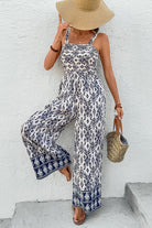 Blue Boho Geometric Print Smocked High Waist Wide Leg Jumpsuit Jumpsuits 5c0671a58d98bb85