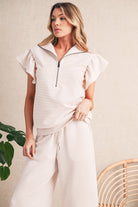 Beau Blue Textured Ruffle Sleeve Zipped Top and Wide Leg Pants Set Two Piece Pants Sets 786baee255f19f7e