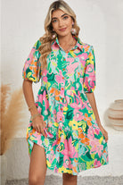 Green Floral Puff Sleeve Buttoned Babydoll Dress Short Dresses 80ee0395e2d362f2