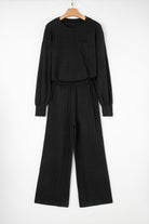 Black Textured Chest Pocket Drop Sleeve Top and Pants Set Two Piece Pants Sets 8424d33ac855cf25