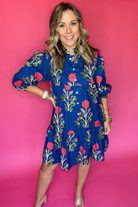 Blue Floral Print Button Front 3/4 Puff Sleeve Ruffle Hem Dress Short Dresses 88c09b1f2472bd0a