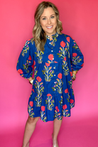 Blue Floral Print Button Front 3/4 Puff Sleeve Ruffle Hem Dress Short Dresses 936231d27204c210