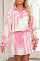 Red Stripe Collared V Neck Drop Shoulder Pullover and Skirt Set Two Piece Skirt Sets 984aeead30a2ecd4